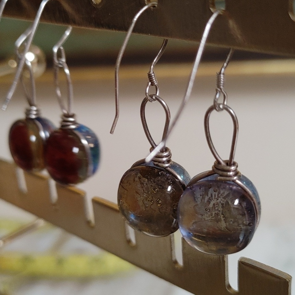 Round Dichroic Glass Sterling Wrapped Earrings - Picture 8 of 16